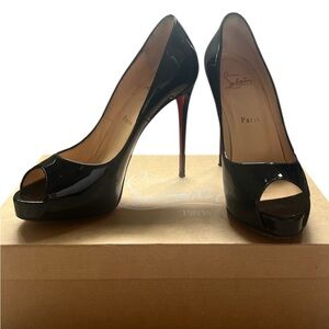 Christian Louboutin Black Patent Peep-Toe Heels